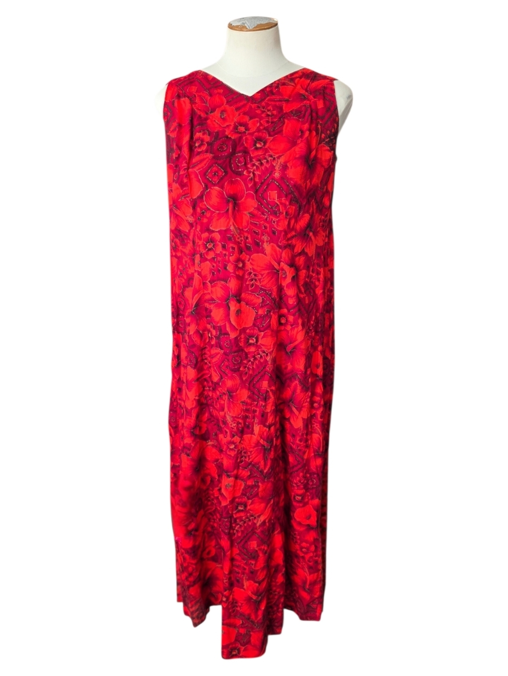 Vintage Handmade Red Floral Hawaiian Style Maxi Dress Draped Back Small XS